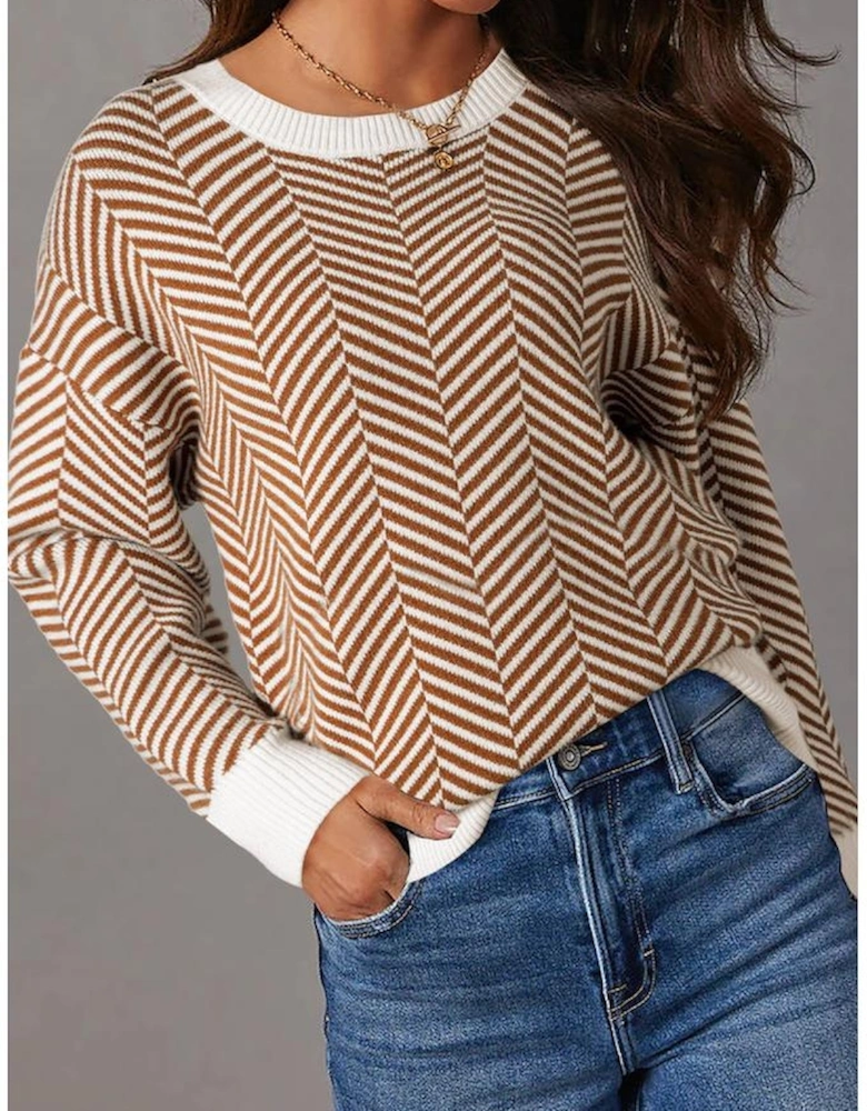 Coffee Contrast Edge Crew Neck Drop Shoulder Sweater