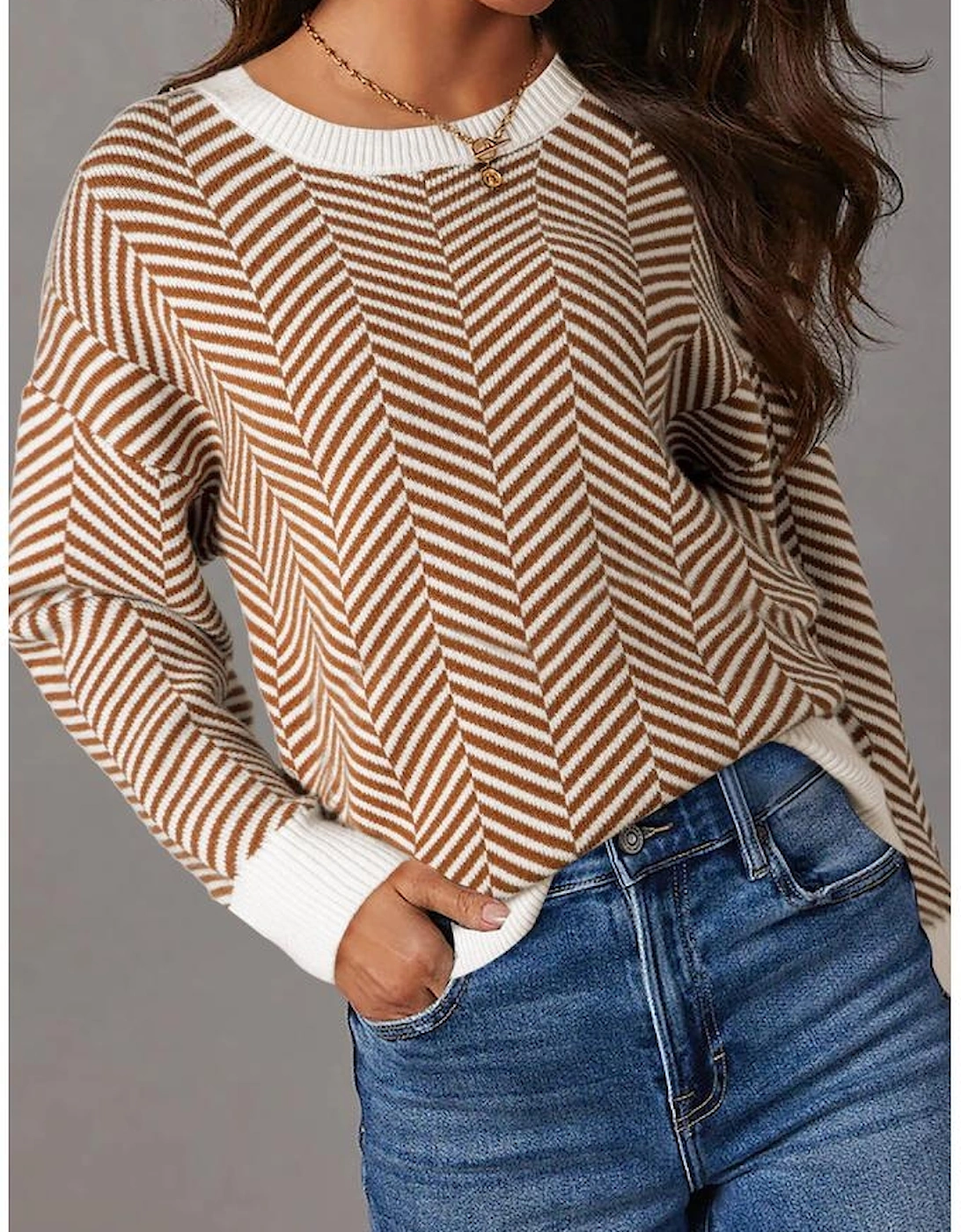 Coffee Contrast Edge Crew Neck Drop Shoulder Sweater