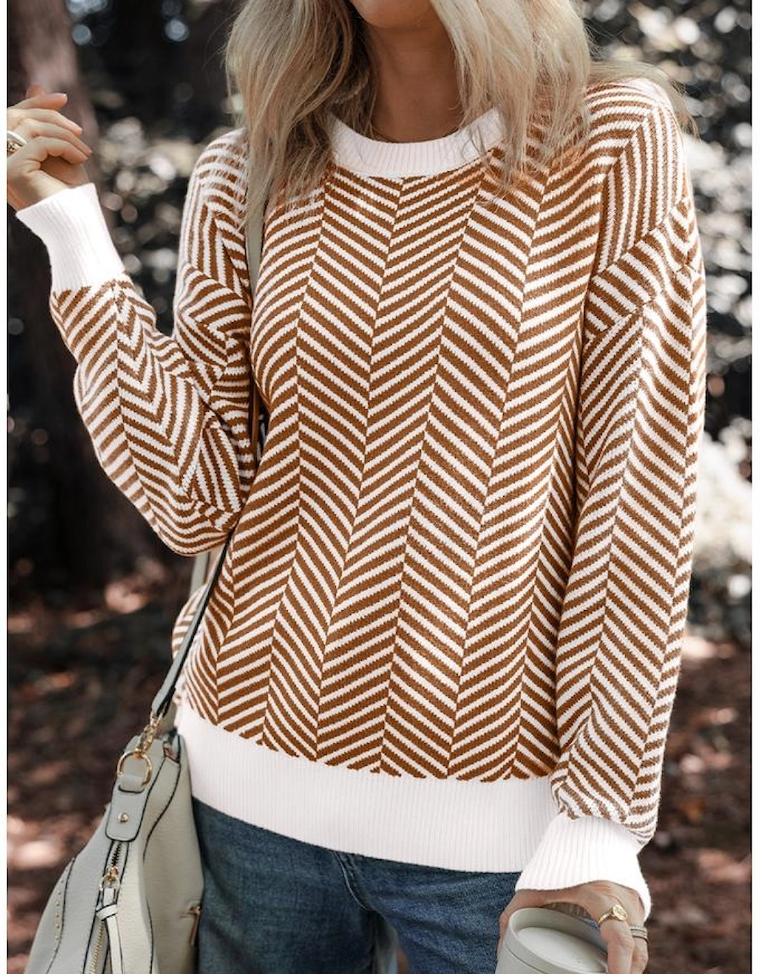 Coffee Contrast Edge Crew Neck Drop Shoulder Sweater