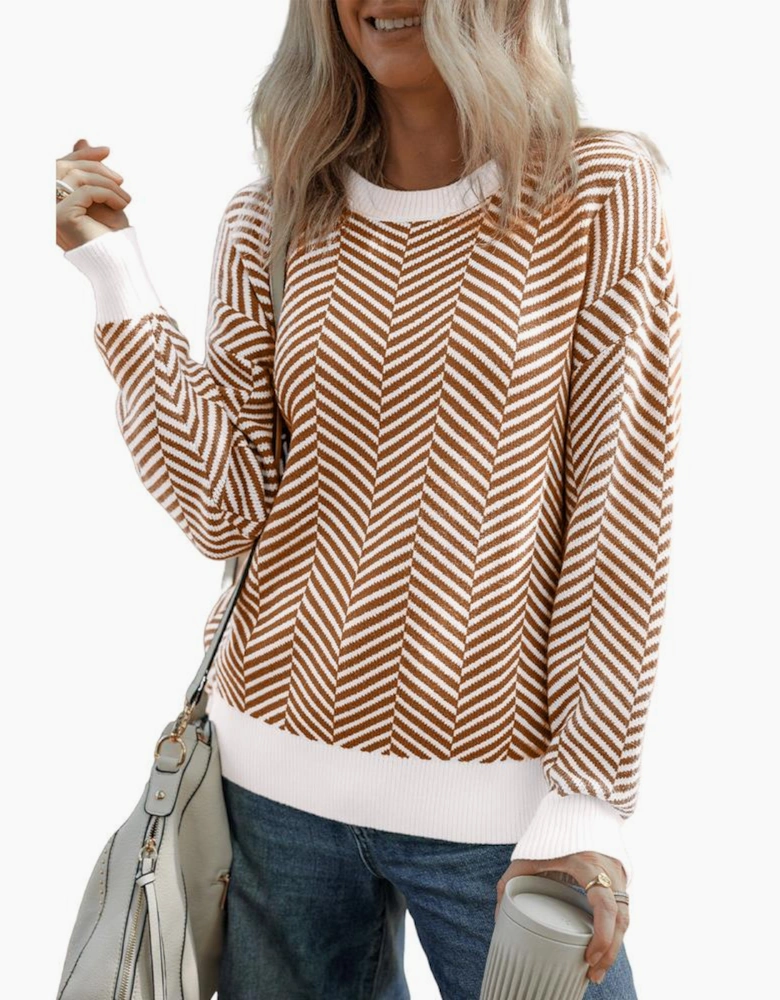 Coffee Contrast Edge Crew Neck Drop Shoulder Sweater