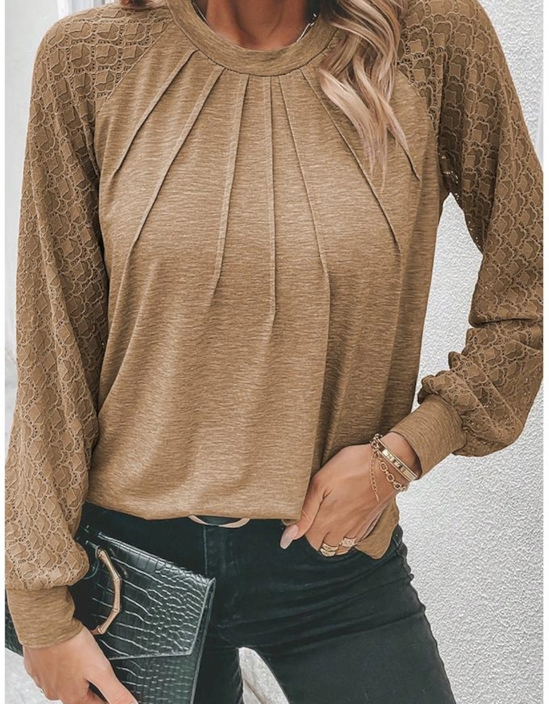 Light French Beige Contrast Lace Raglan Sleeve Plicate Round Neck Top