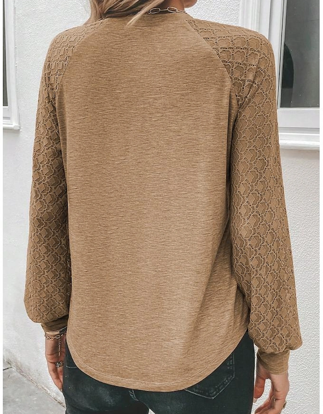 Light French Beige Contrast Lace Raglan Sleeve Plicate Round Neck Top
