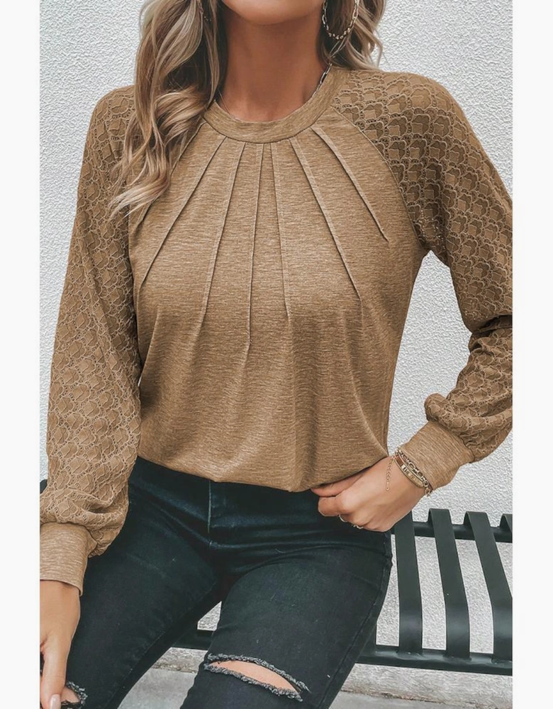 Light French Beige Contrast Lace Raglan Sleeve Plicate Round Neck Top
