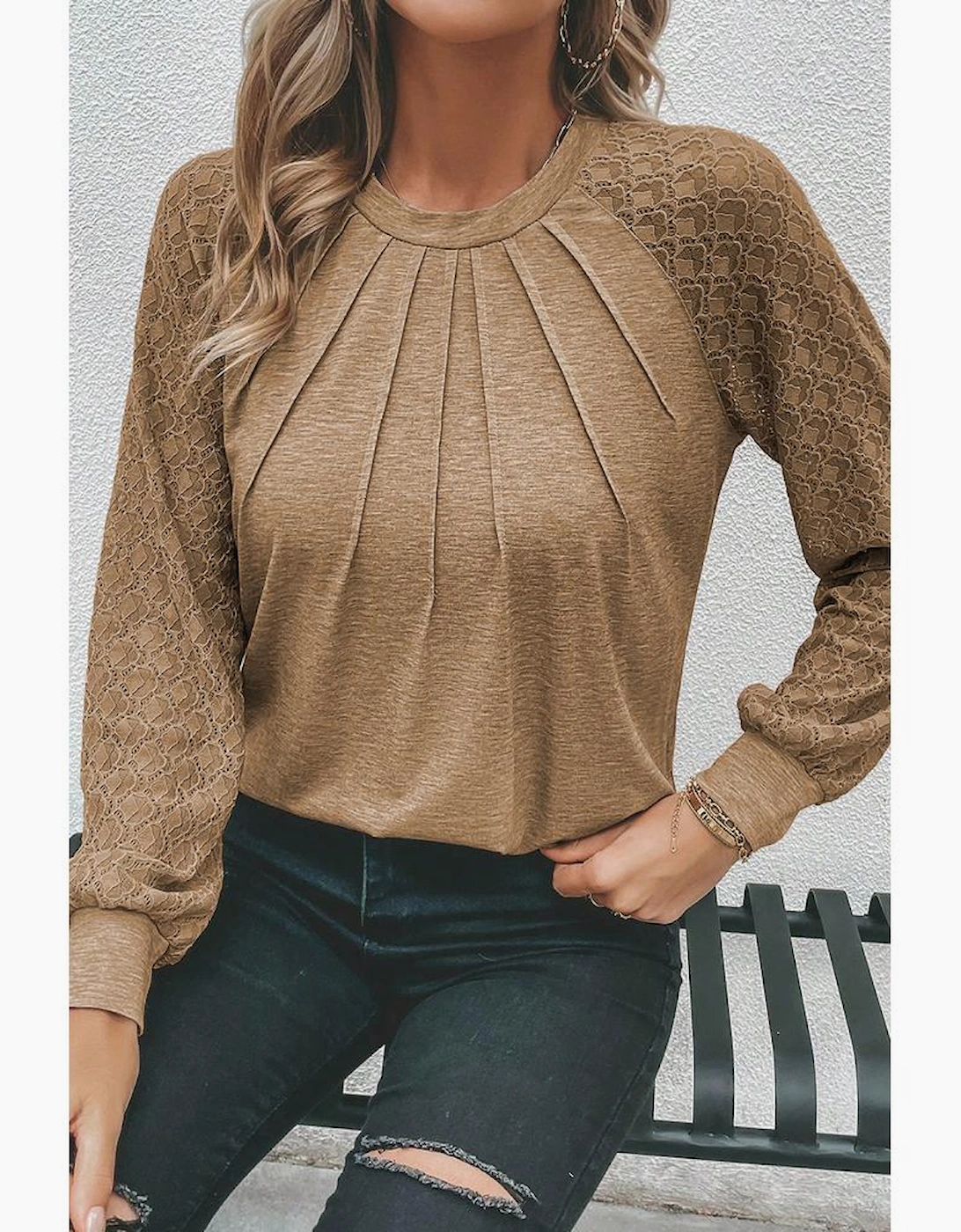 Light French Beige Contrast Lace Raglan Sleeve Plicate Round Neck Top