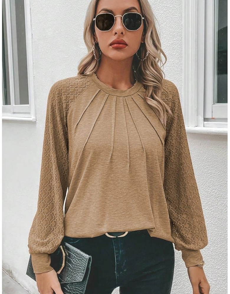 Light French Beige Contrast Lace Raglan Sleeve Plicate Round Neck Top