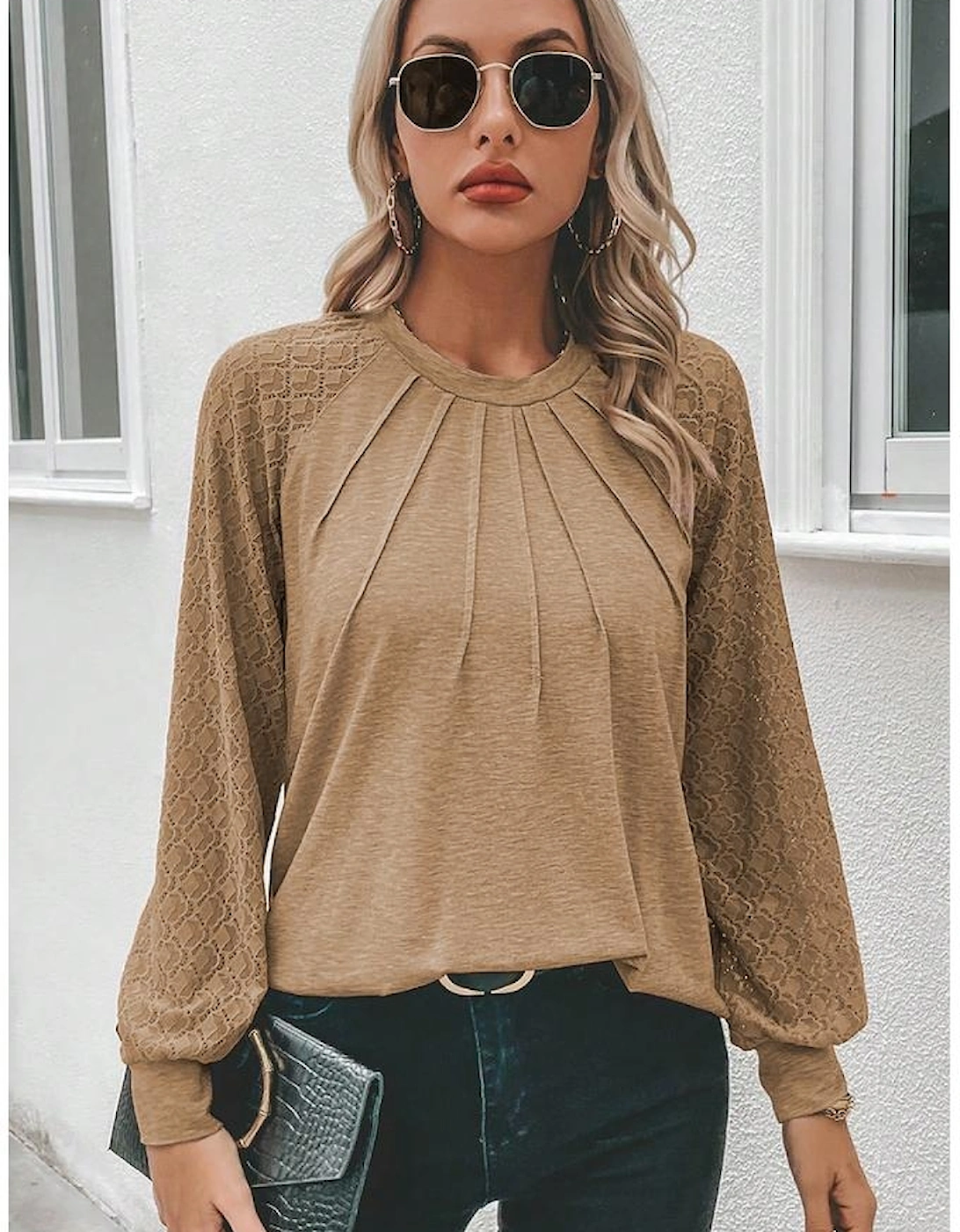 Light French Beige Contrast Lace Raglan Sleeve Plicate Round Neck Top