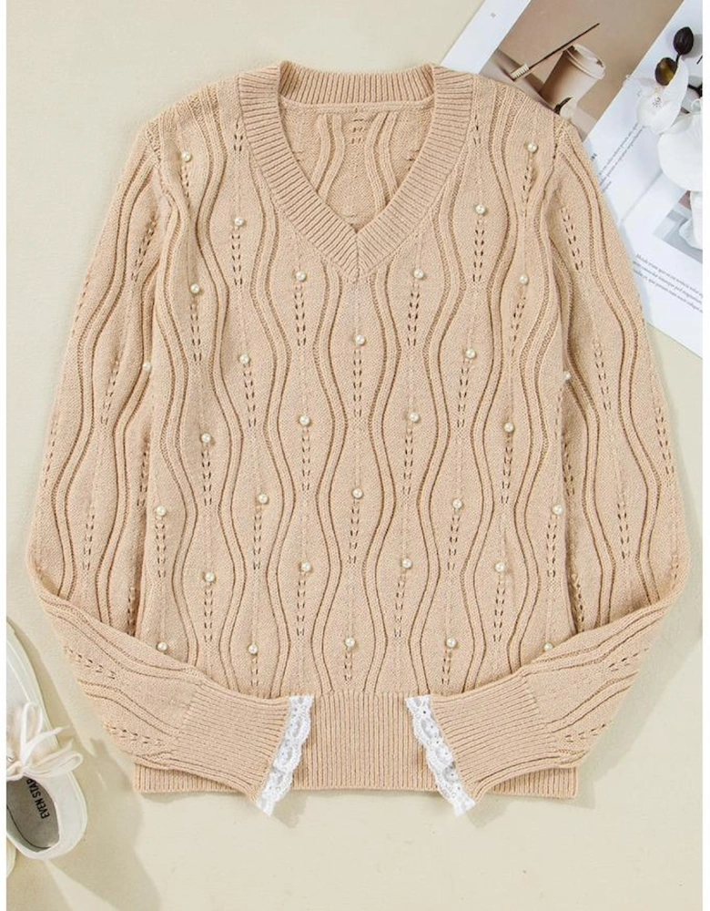 Smoke Gray Pearl Beaded Pointelle Knit V Neck Lace Patchwork Sleeve Sweater