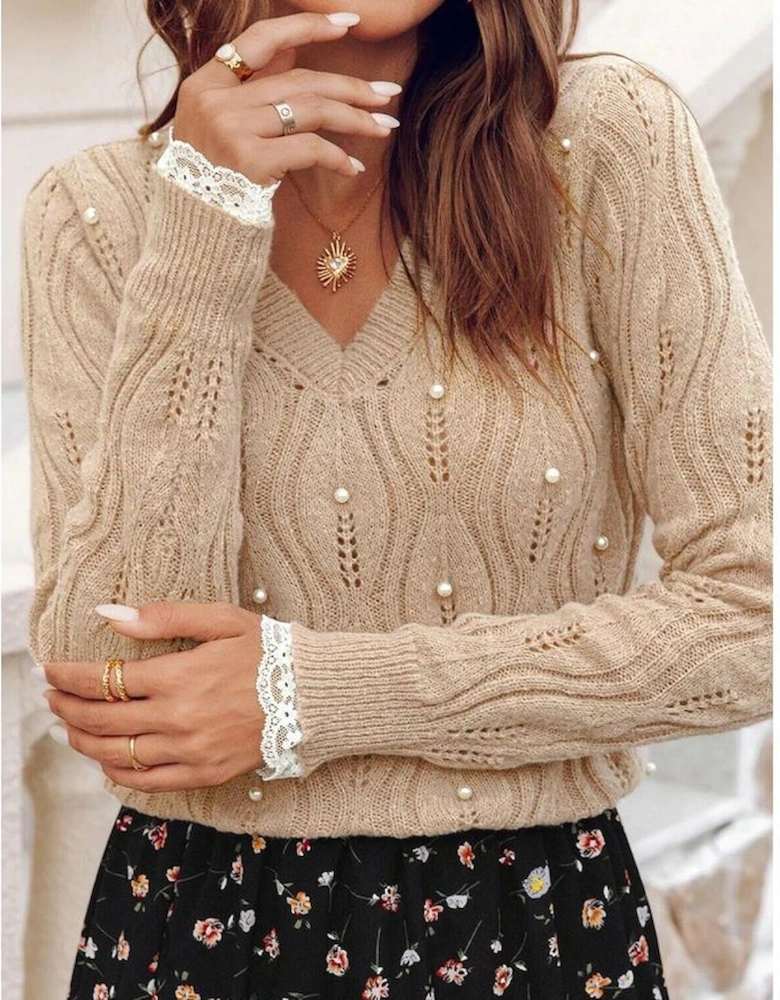 Smoke Gray Pearl Beaded Pointelle Knit V Neck Lace Patchwork Sleeve Sweater