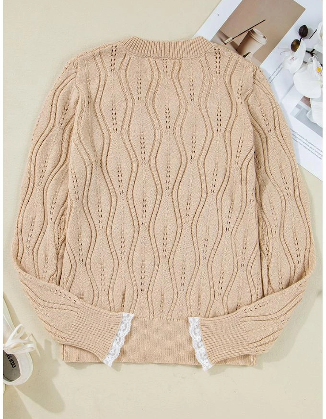 Smoke Gray Pearl Beaded Pointelle Knit V Neck Lace Patchwork Sleeve Sweater