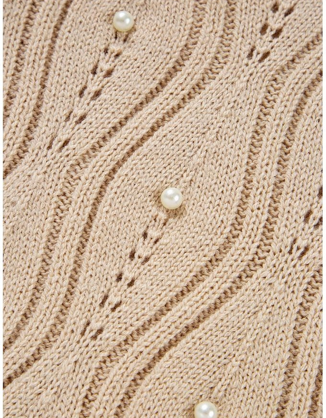 Smoke Gray Pearl Beaded Pointelle Knit V Neck Lace Patchwork Sleeve Sweater