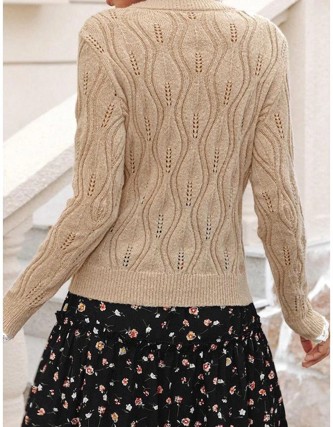 Smoke Gray Pearl Beaded Pointelle Knit V Neck Lace Patchwork Sleeve Sweater