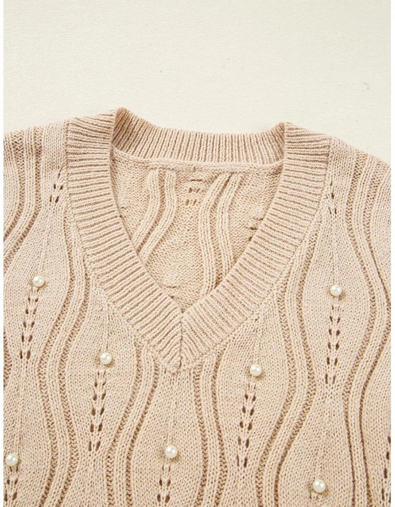 Smoke Gray Pearl Beaded Pointelle Knit V Neck Lace Patchwork Sleeve Sweater