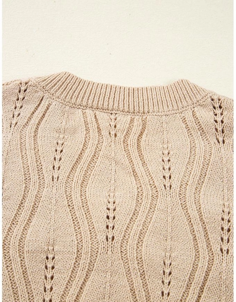 Smoke Gray Pearl Beaded Pointelle Knit V Neck Lace Patchwork Sleeve Sweater