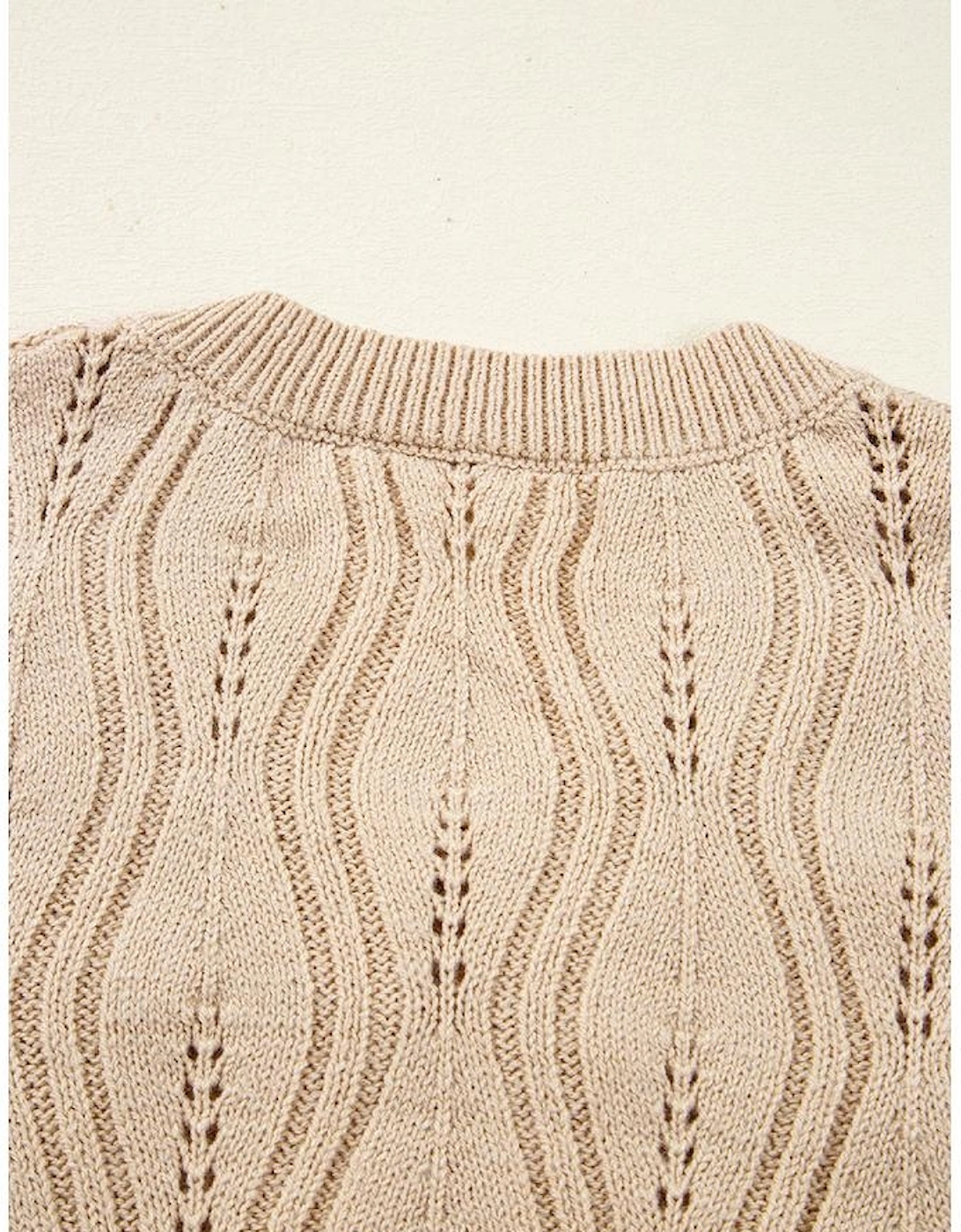 Smoke Gray Pearl Beaded Pointelle Knit V Neck Lace Patchwork Sleeve Sweater