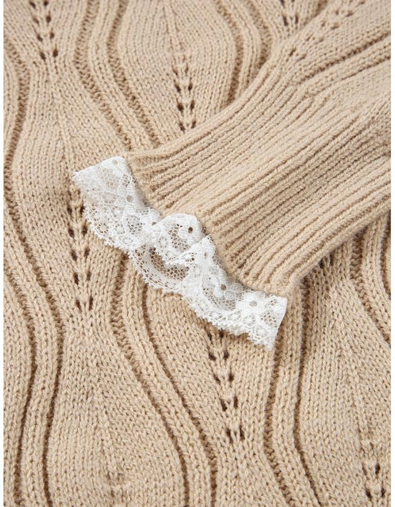 Smoke Gray Pearl Beaded Pointelle Knit V Neck Lace Patchwork Sleeve Sweater