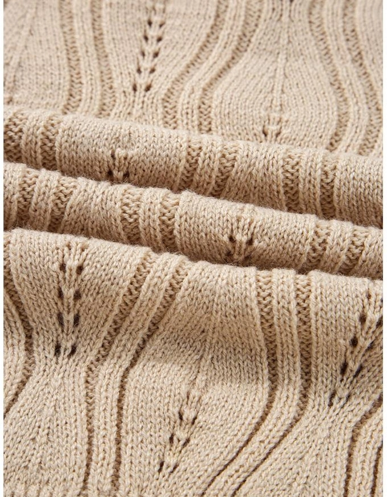 Smoke Gray Pearl Beaded Pointelle Knit V Neck Lace Patchwork Sleeve Sweater