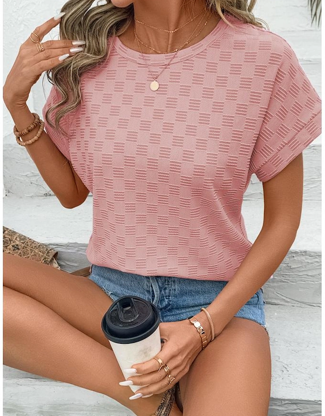 Apricot Pink Checkered Textured Round Neck T-shirt