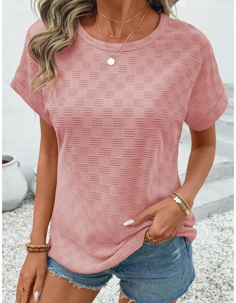 Apricot Pink Checkered Textured Round Neck T-shirt