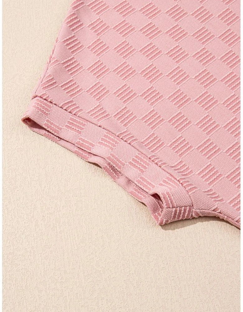 Apricot Pink Checkered Textured Round Neck T-shirt