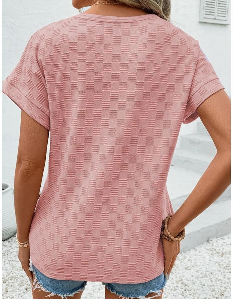 Apricot Pink Checkered Textured Round Neck T-shirt