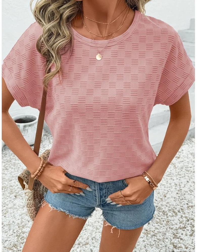 Apricot Pink Checkered Textured Round Neck T-shirt