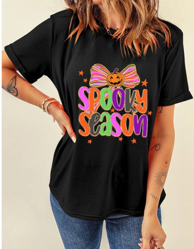Black SPOOKY SEASON Halloween Pumpkin Bow Print T Shirt