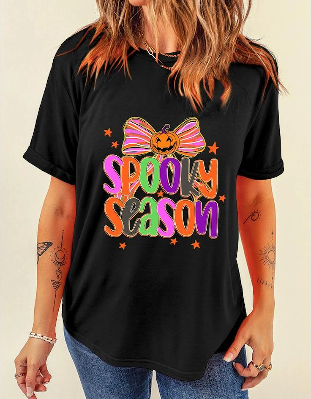 Black SPOOKY SEASON Halloween Pumpkin Bow Print T Shirt