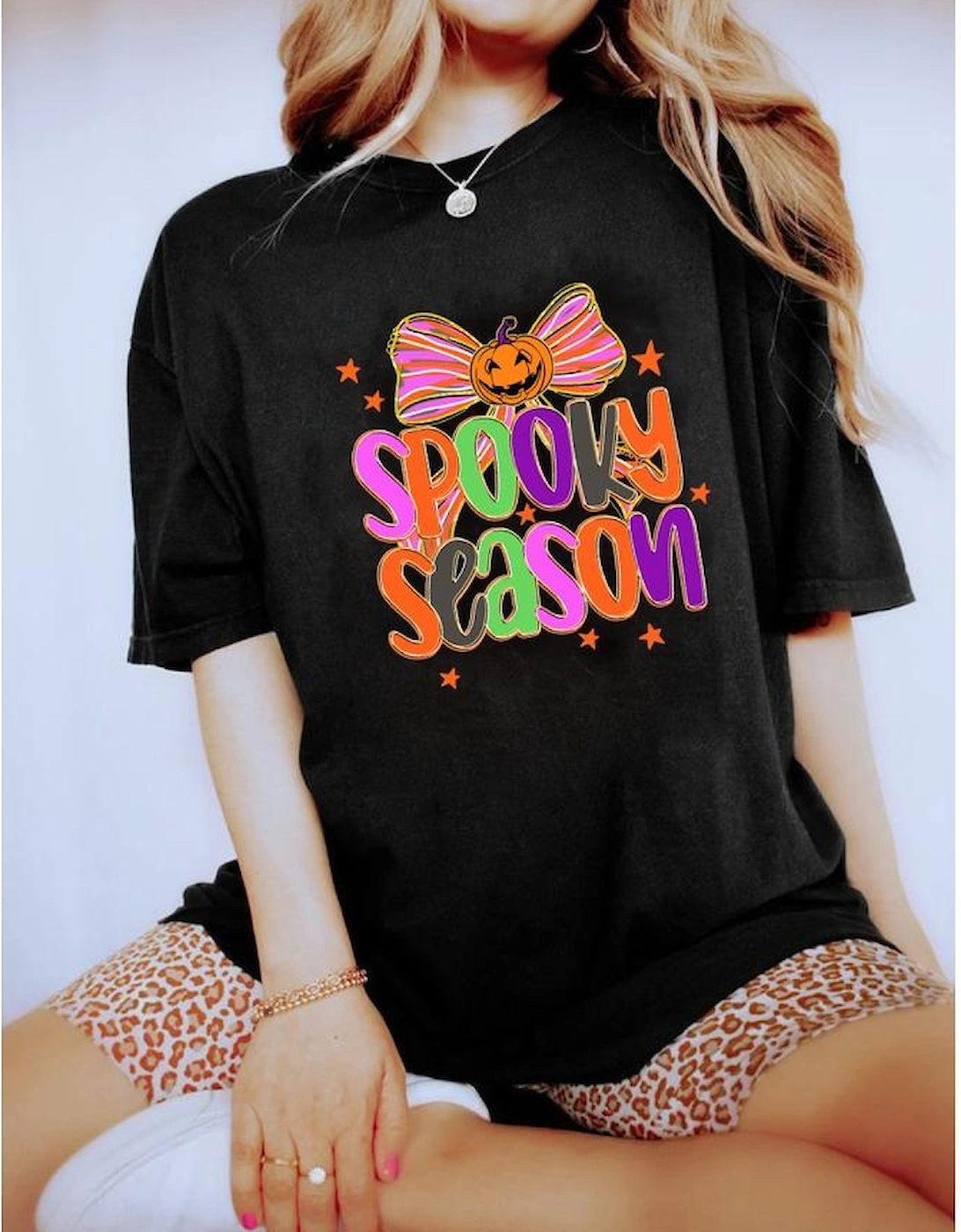 Black SPOOKY SEASON Halloween Pumpkin Bow Print T Shirt