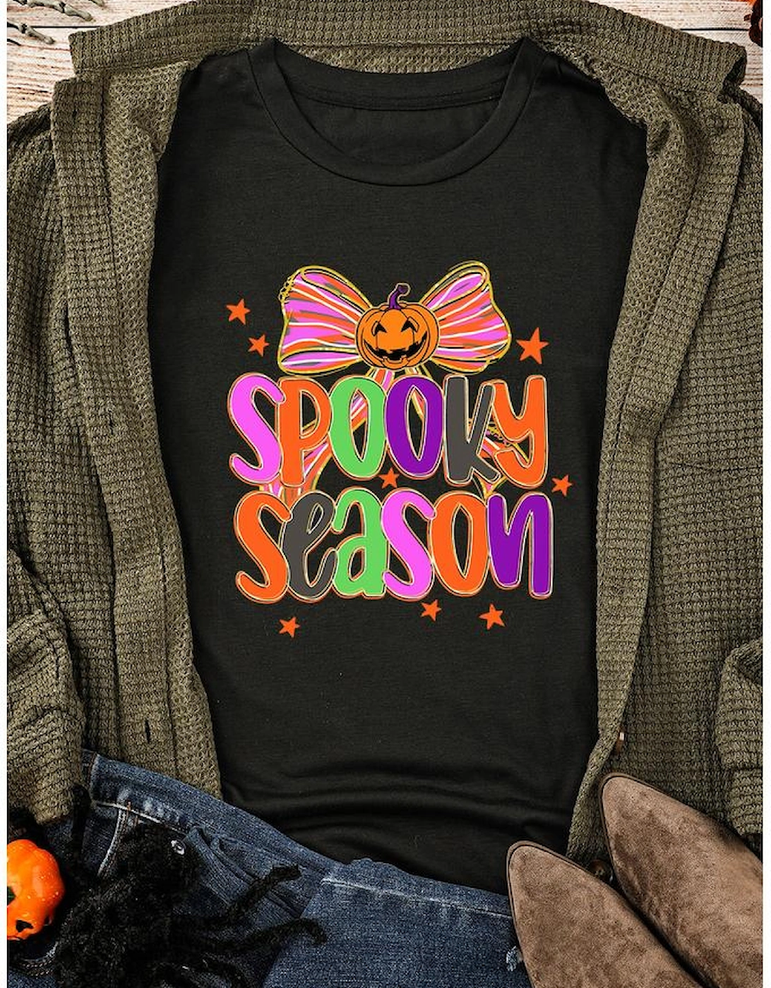 Black SPOOKY SEASON Halloween Pumpkin Bow Print T Shirt, 8 of 7