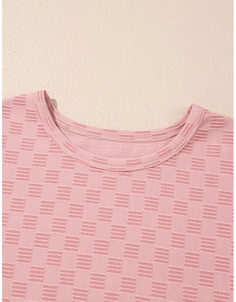 Apricot Pink Checkered Textured Round Neck T-shirt