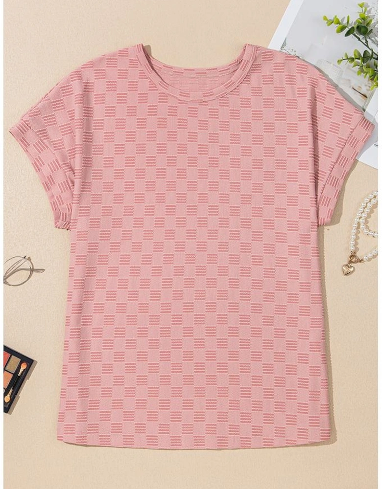 Apricot Pink Checkered Textured Round Neck T-shirt