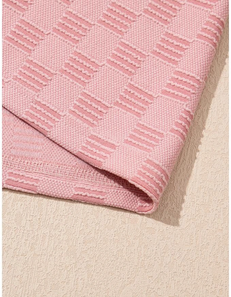 Apricot Pink Checkered Textured Round Neck T-shirt