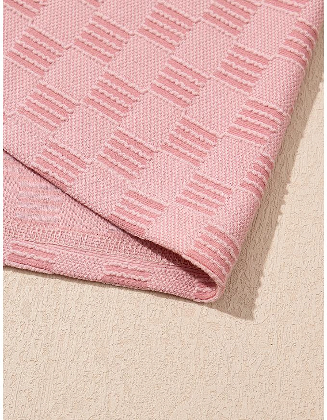 Apricot Pink Checkered Textured Round Neck T-shirt