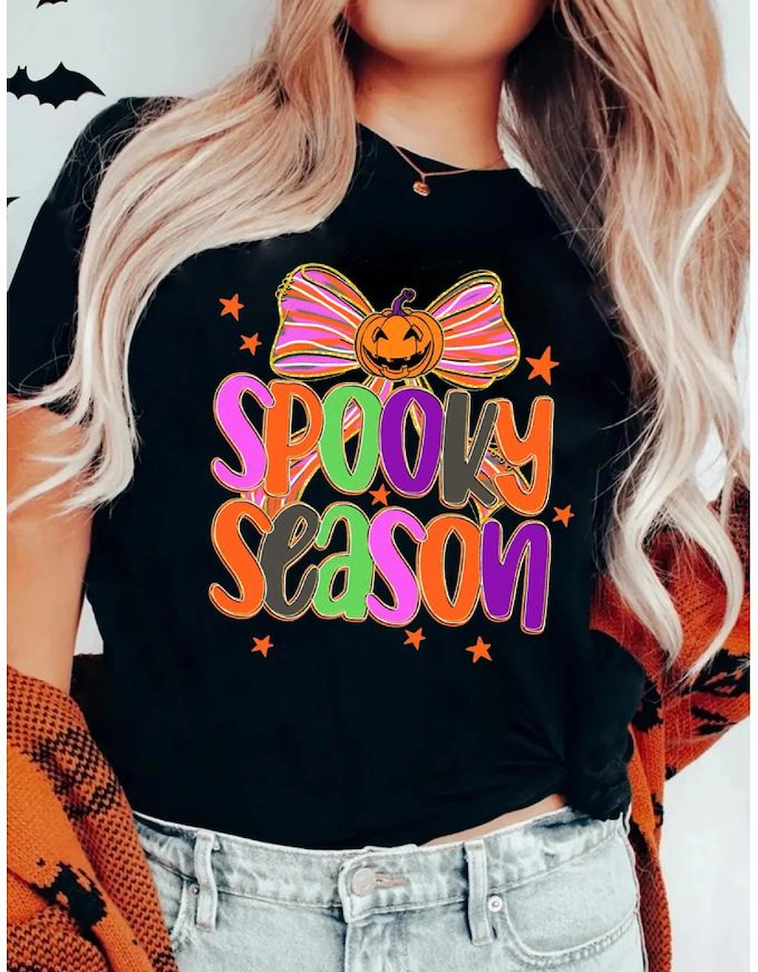Black SPOOKY SEASON Halloween Pumpkin Bow Print T Shirt