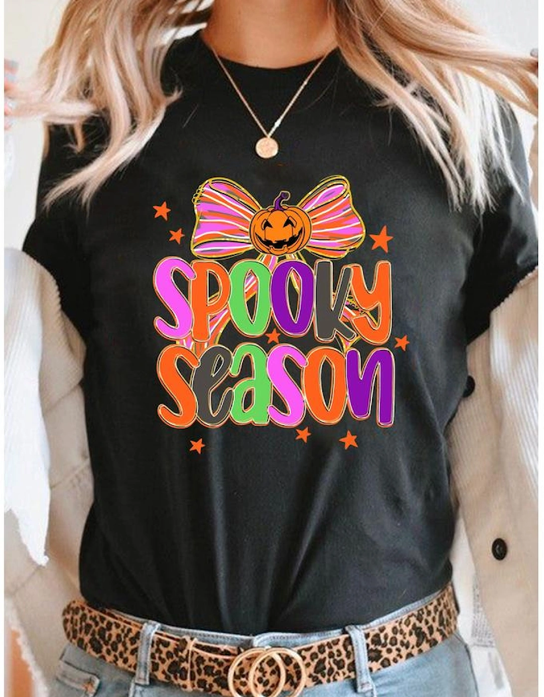 Black SPOOKY SEASON Halloween Pumpkin Bow Print T Shirt