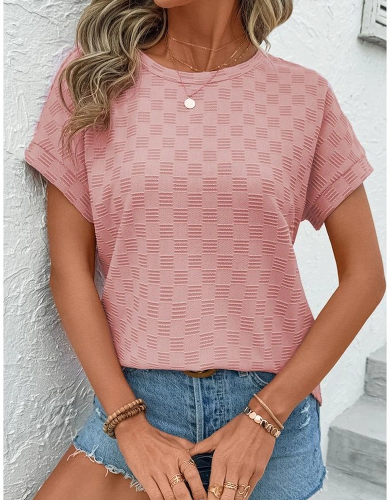 Apricot Pink Checkered Textured Round Neck T-shirt