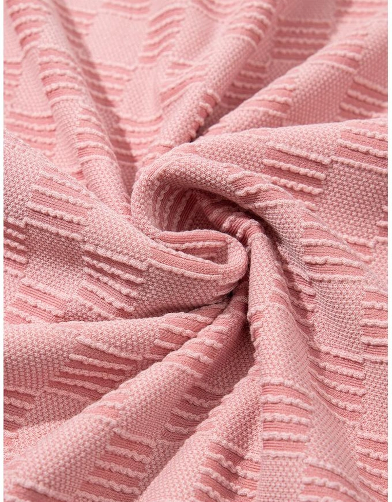 Apricot Pink Checkered Textured Round Neck T-shirt