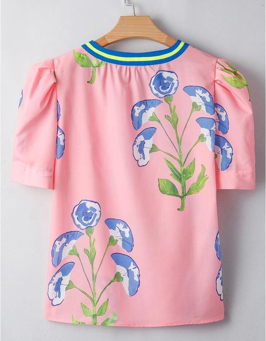 Pink Floral Print Striped Notched V Neck Bubble Sleeve Blouse