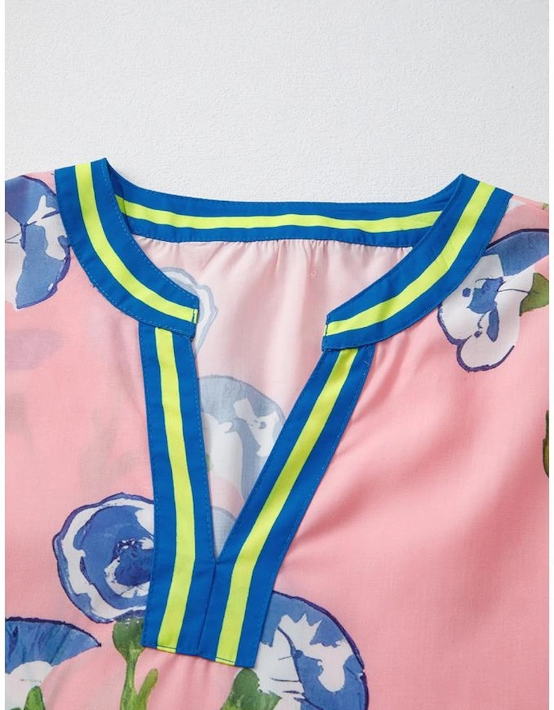 Pink Floral Print Striped Notched V Neck Bubble Sleeve Blouse