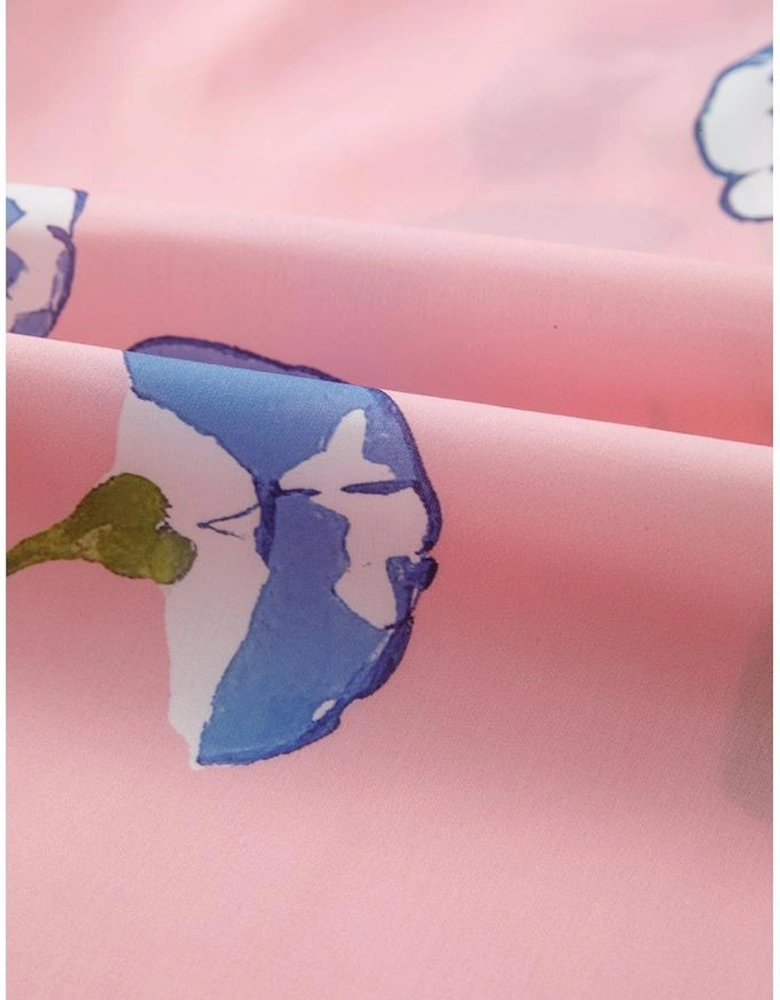 Pink Floral Print Striped Notched V Neck Bubble Sleeve Blouse