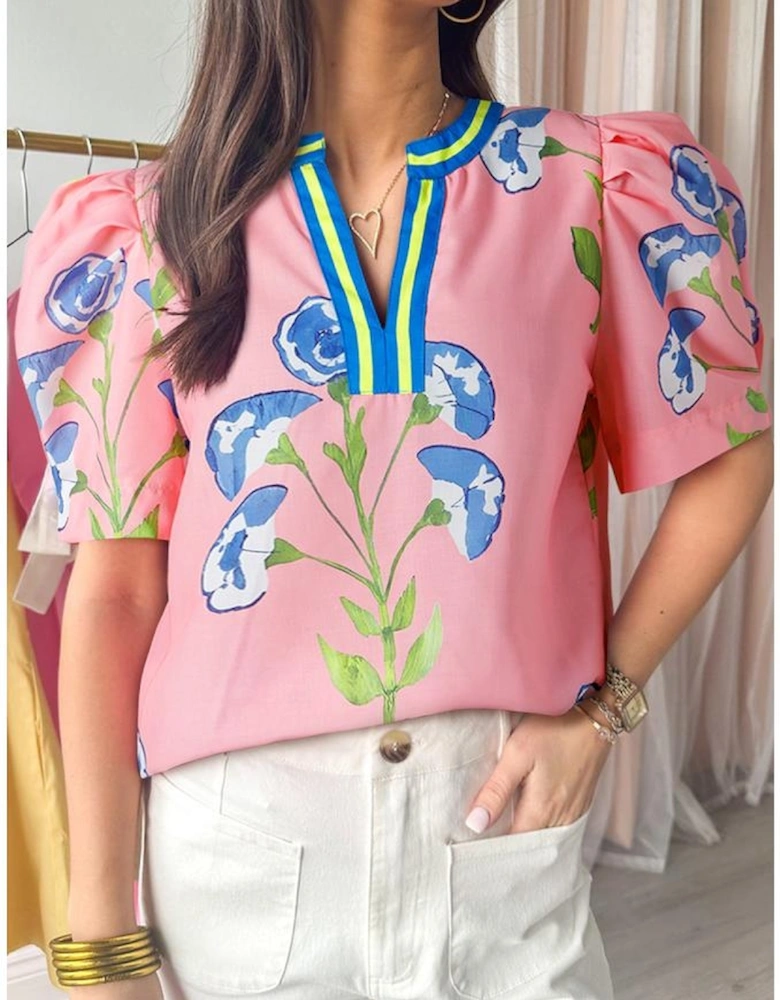Pink Floral Print Striped Notched V Neck Bubble Sleeve Blouse