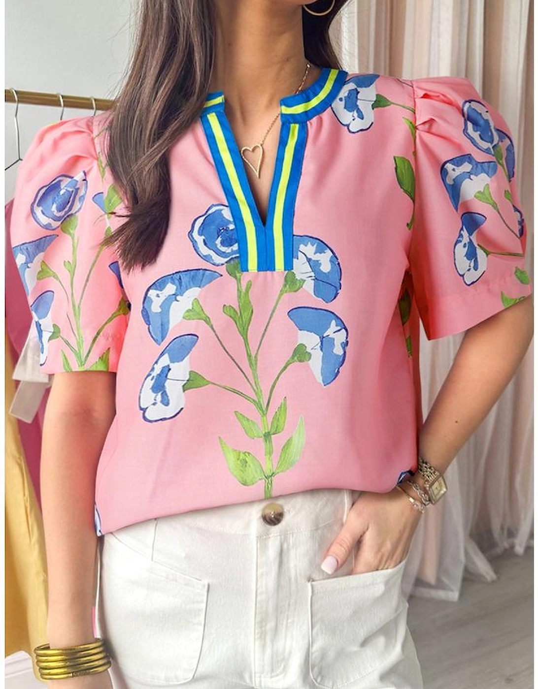 Pink Floral Print Striped Notched V Neck Bubble Sleeve Blouse