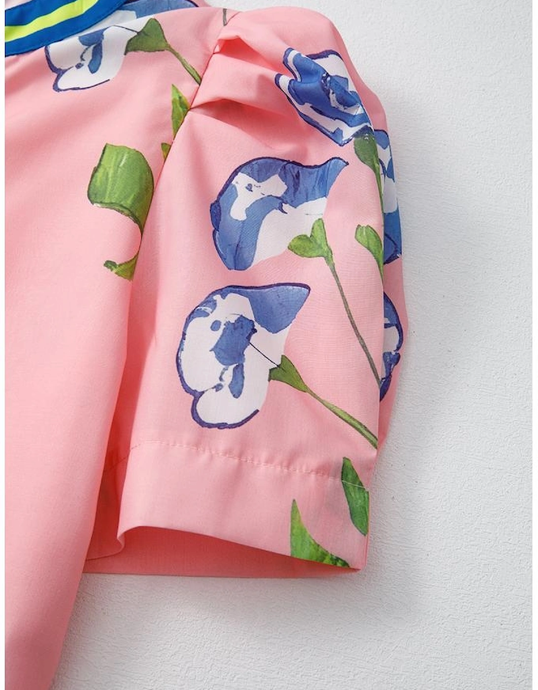 Pink Floral Print Striped Notched V Neck Bubble Sleeve Blouse