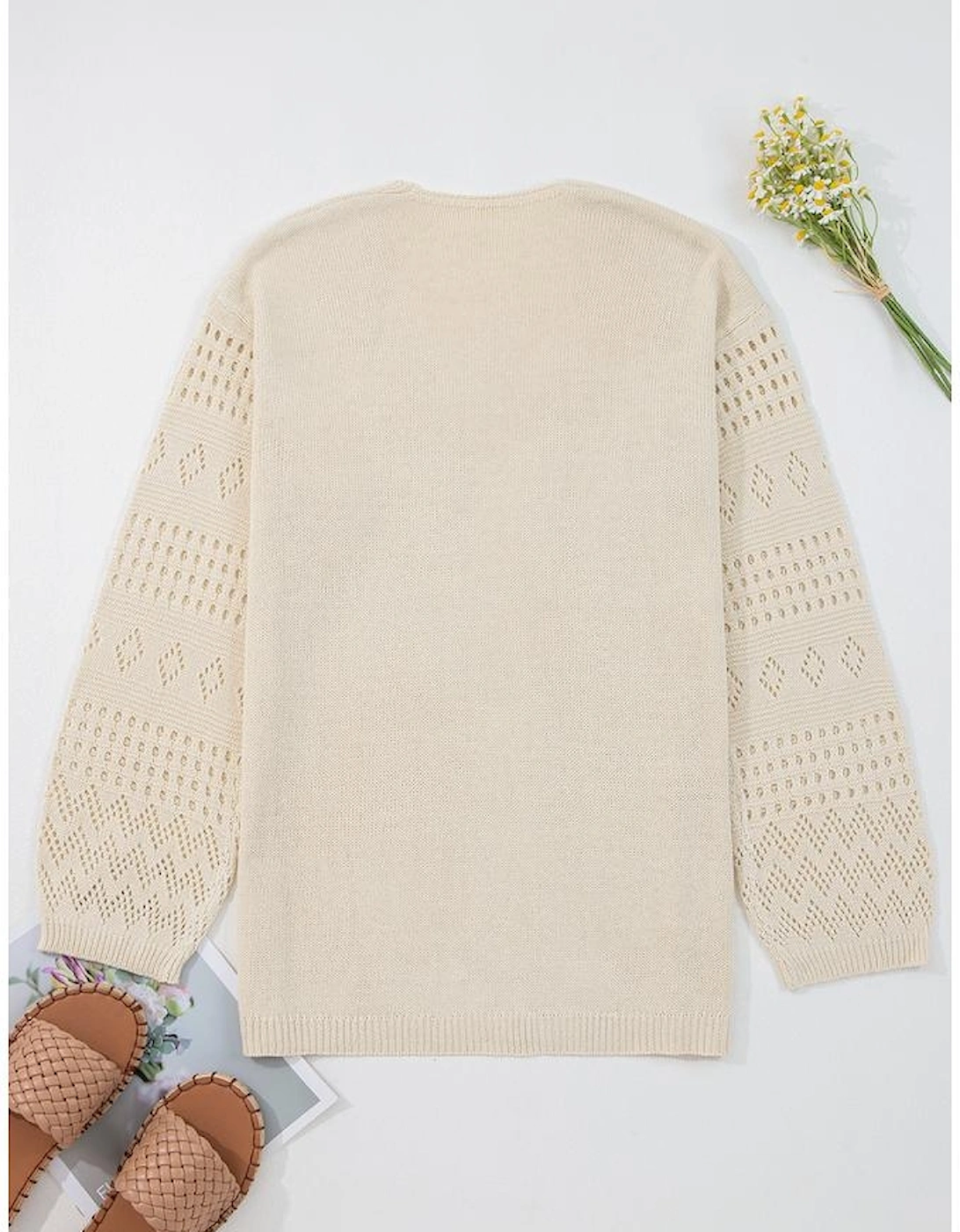 Smoke Gray Solid Color Hollowed Knit Open Front Cardigan Sweater