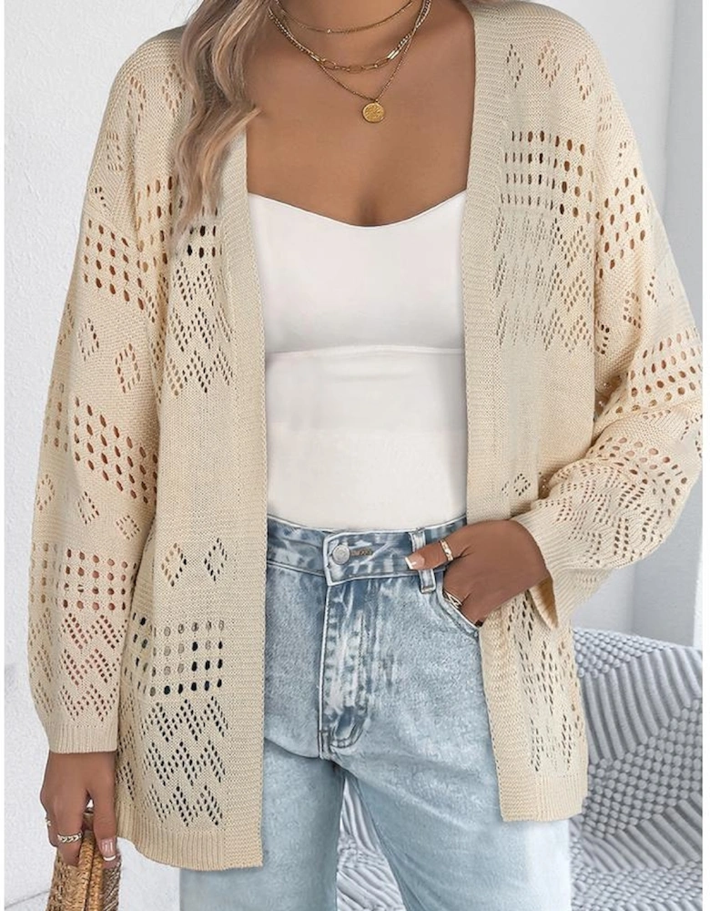 Smoke Gray Solid Color Hollowed Knit Open Front Cardigan Sweater