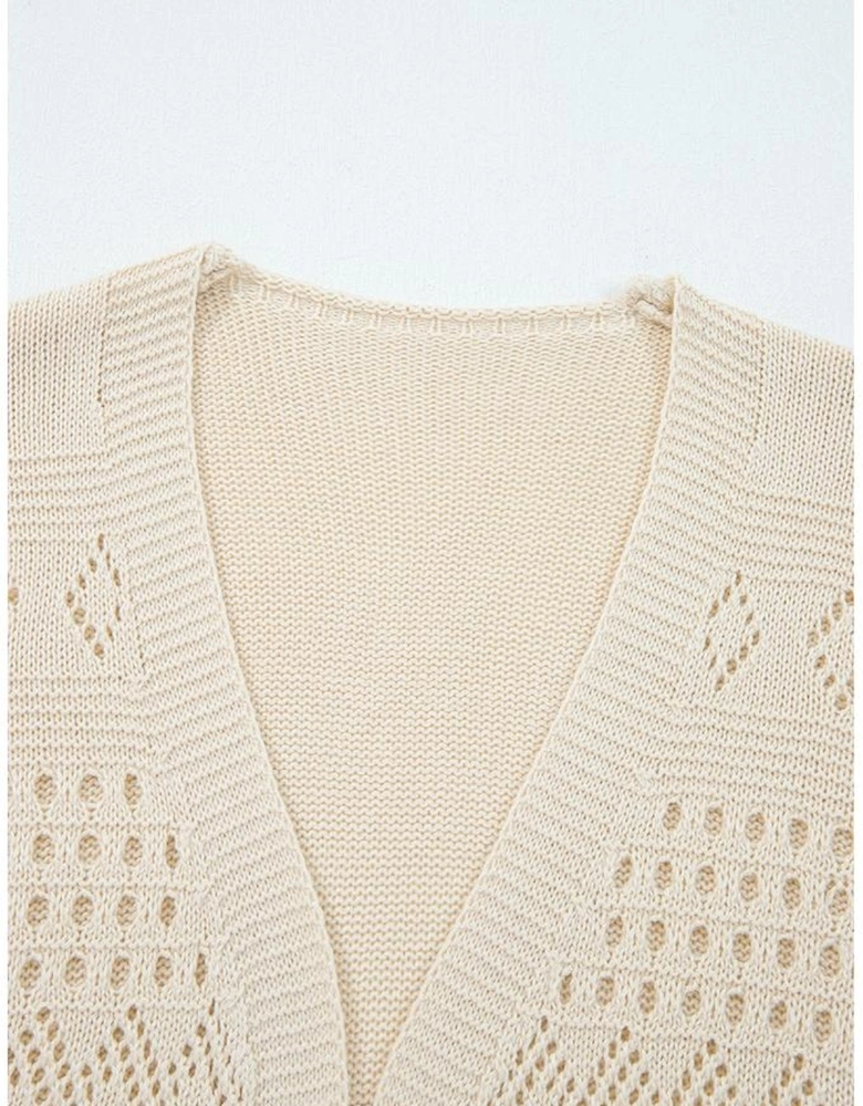 Smoke Gray Solid Color Hollowed Knit Open Front Cardigan Sweater