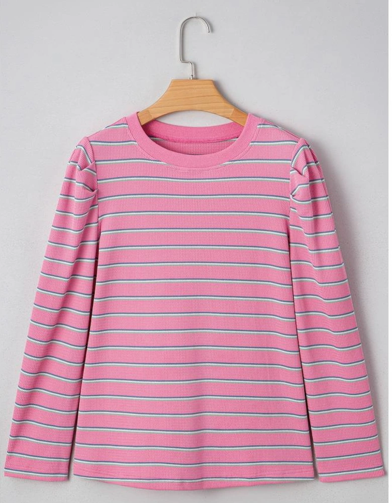 Rose Stripe Textured Knit Round Neck Long Sleeve Top