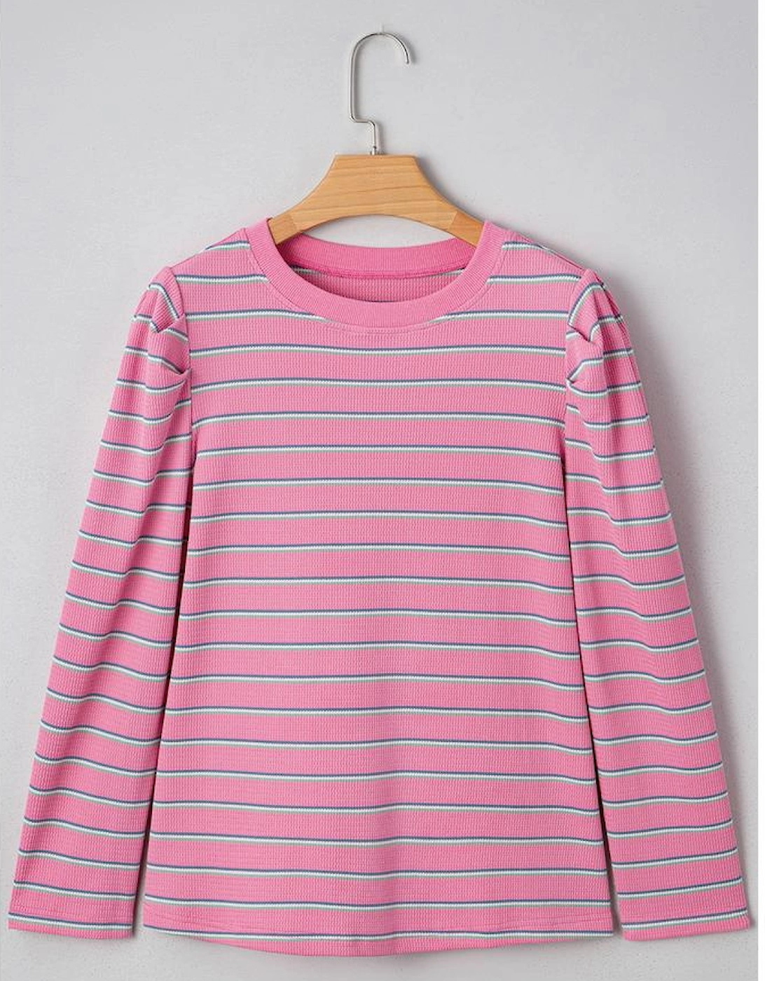 Rose Stripe Textured Knit Round Neck Long Sleeve Top