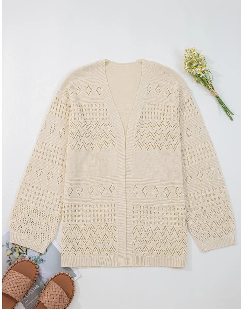 Smoke Gray Solid Color Hollowed Knit Open Front Cardigan Sweater