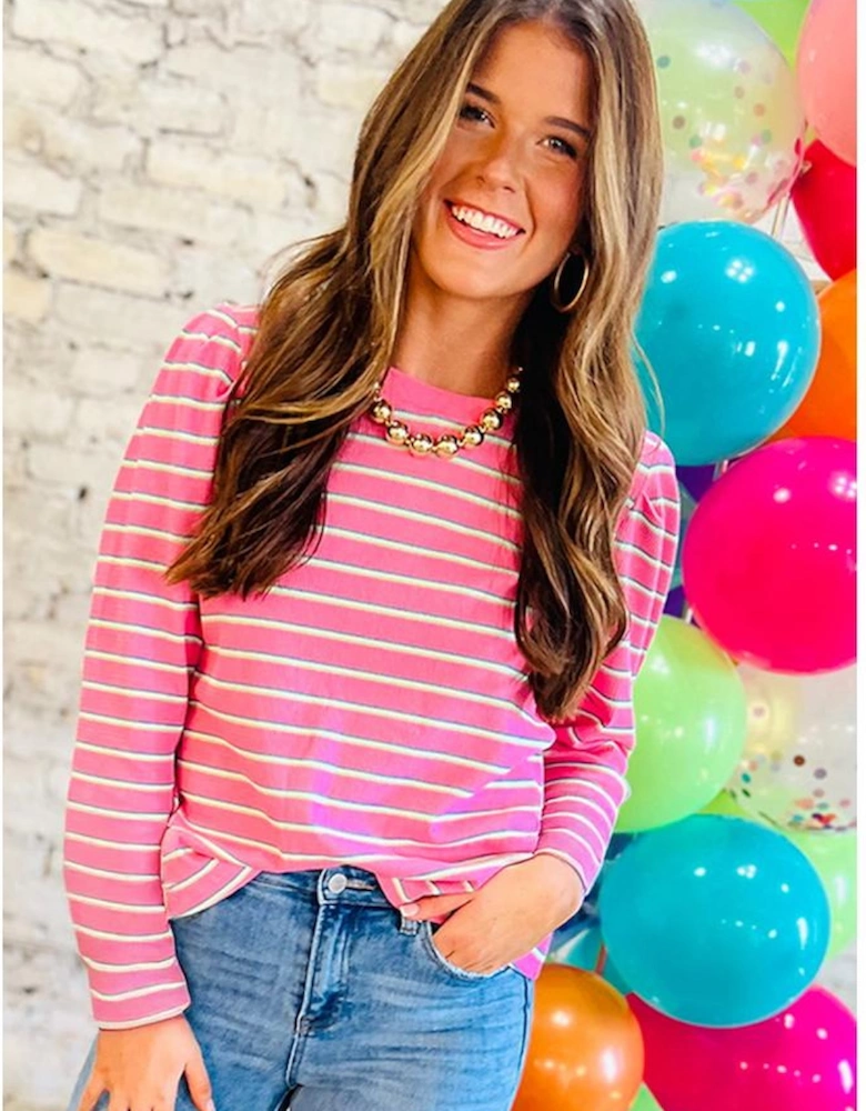Rose Stripe Textured Knit Round Neck Long Sleeve Top